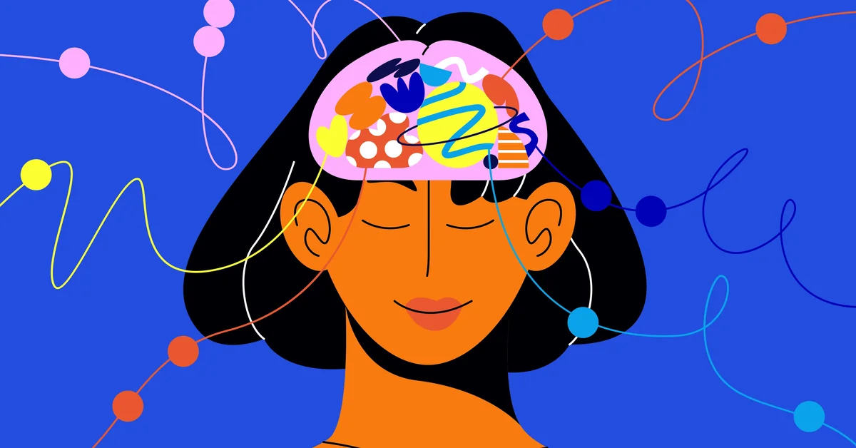 A woman with eyes closed and a brain filled with colourful shapes, representing memory and brain nutrition