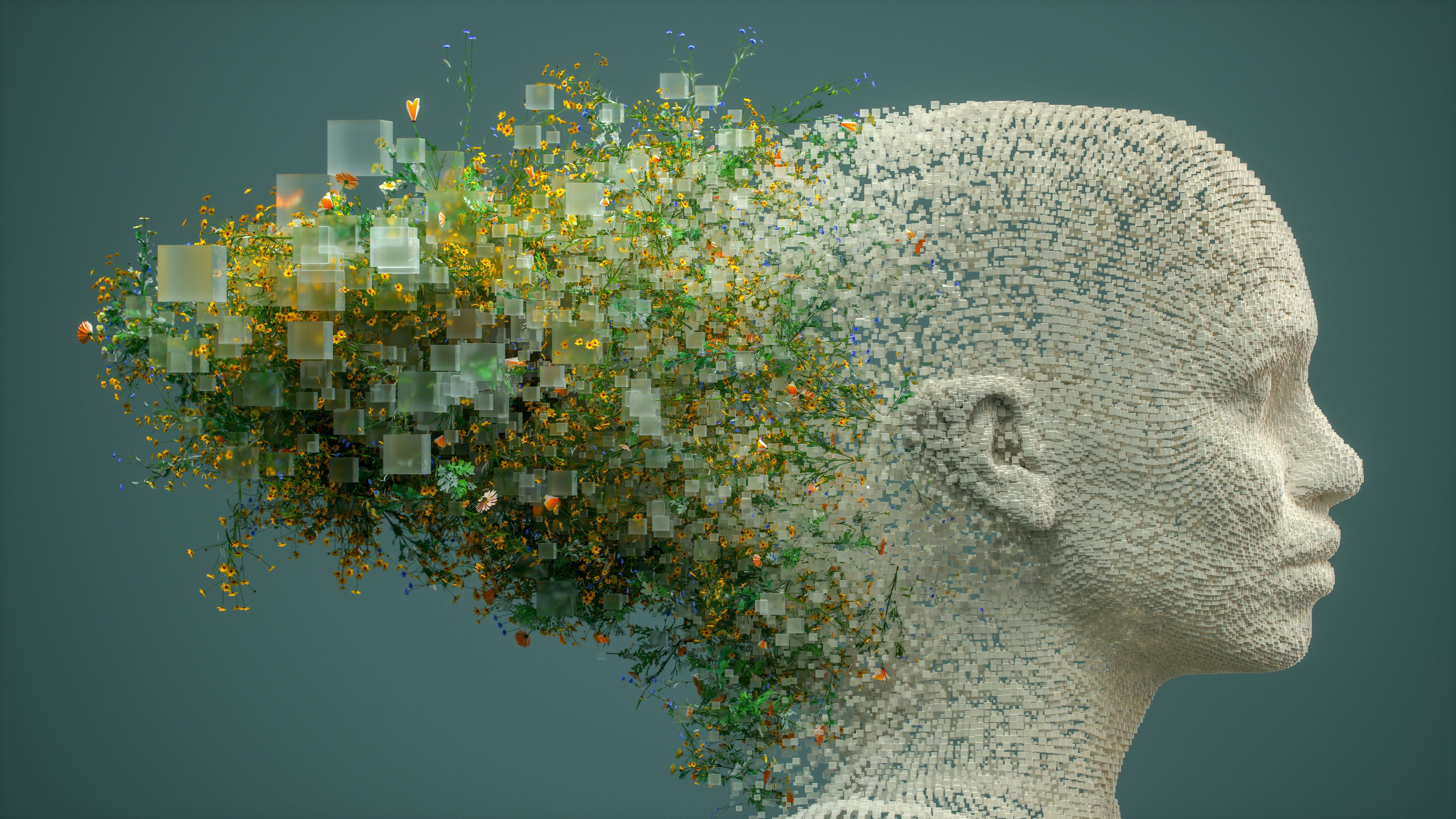 Mood, stress and the brain &mdash; a digital sculpture of a human head with flowers and nature emerging, representing emotional wellbeing and neuroplasticity